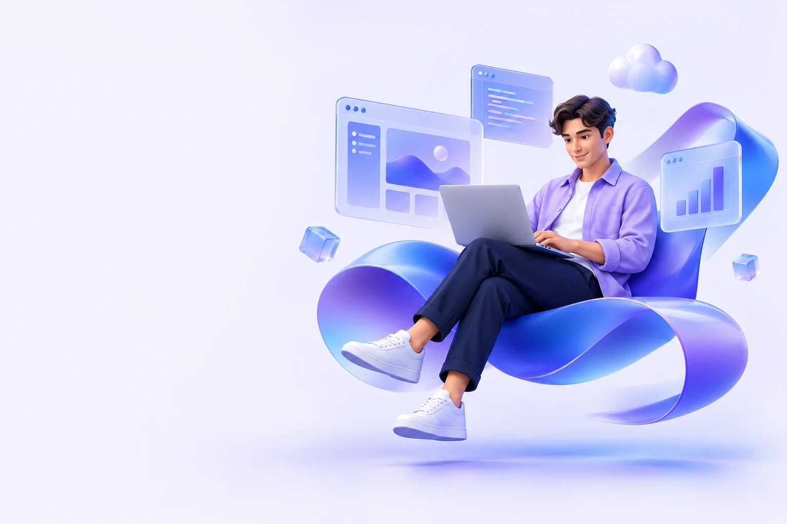 Original 3D illustration of a digital creator working on a laptop among blue and violet technology elements